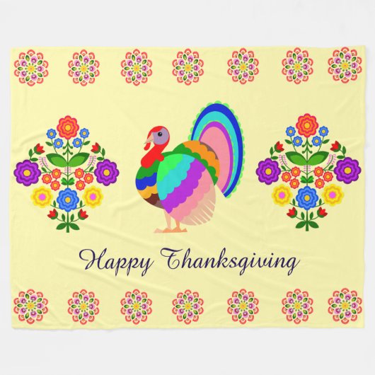 感謝祭おめでとう。ポーランドデザイン花。 フリースブランケット (正面(横))