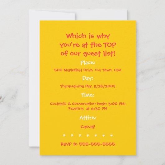 感謝祭おもしろい宴会招待状カード 招待状 (裏面)