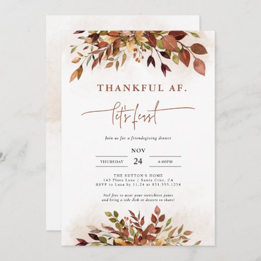 感謝祭おもしろい招待状フレンドサイジングディナー 招待状 (正面/裏面)