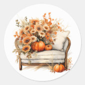 感謝祭かぼちゃの花チェアイラストレーション ラウンドシール (正面)