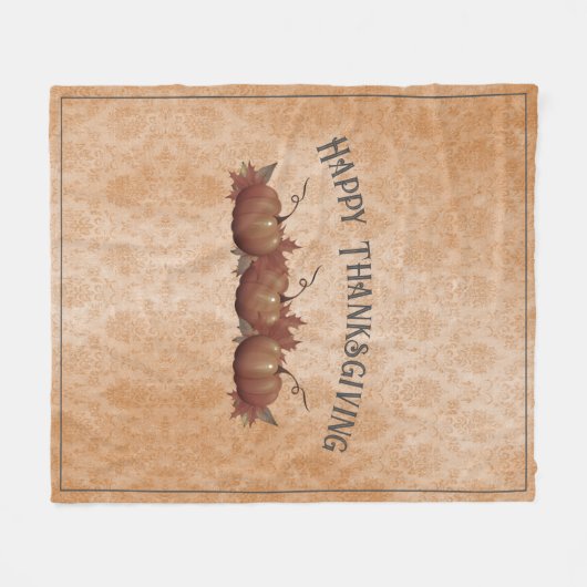 感謝祭かぼちゃダマスク |オレンジ フリースブランケット (正面(横))