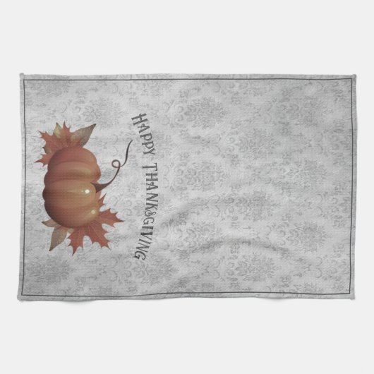 感謝祭かぼちゃダマスク |グレー キッチンタオル (横)