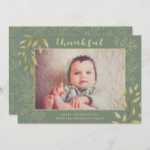 感謝祭かわいい水彩ラインアートグリーンフォト シーズンカード (正面/裏面)