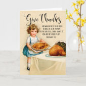 感謝祭のためのパイとトルコとの小さな女の子 カード (黄色い花)