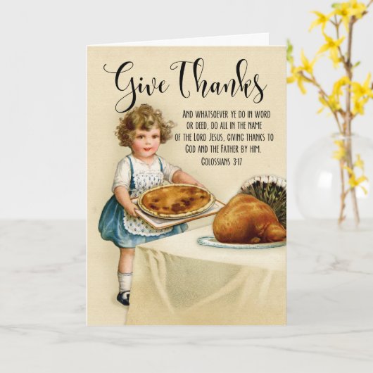 感謝祭のためのパイとトルコとの小さな女の子 カード (黄色い花)