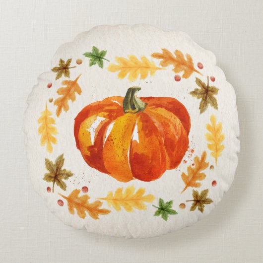 感謝祭のカボチャは水彩画を去ります ラウンドクッション (正面)
