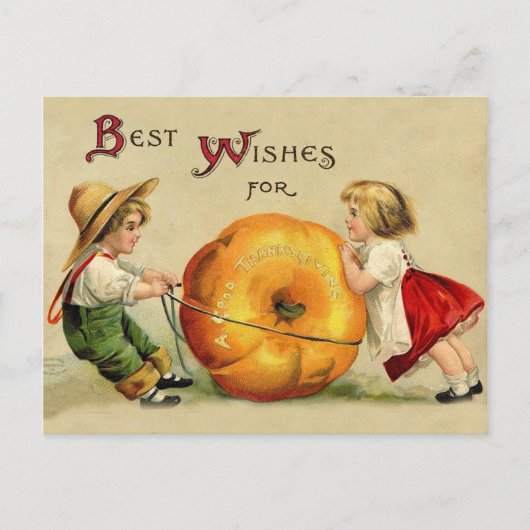 感謝祭のカボチャを持つ男の子と女の子 ポストカード (正面)