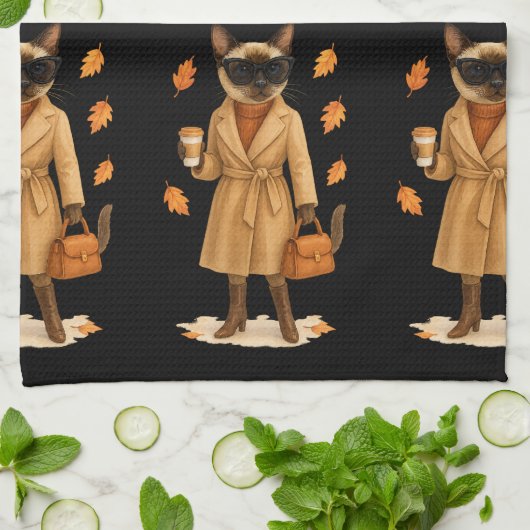 感謝祭のコーヒーと秋の猫 キッチンタオル (折り畳み)