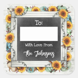 感謝祭のサンキュー ライト オン サンフラワー / 贈り物ラベル スクエアシール