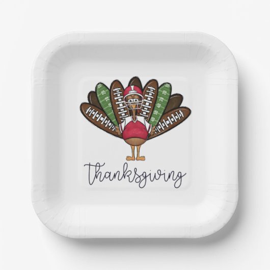 感謝祭のスクリプト七面鳥のサッカーの羽 ペーパープレート (正面)
