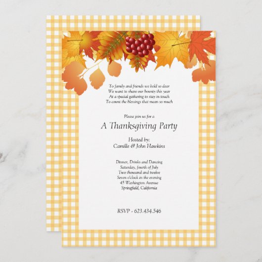 感謝祭のチェック柄ピクニックパーティー招待状 招待状 (正面/裏面)