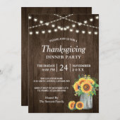 感謝祭のディナーのための素朴なひまわりのストリングライト, 素朴なひまわりのランタンとストリングライ 招待状 (正面/裏面)