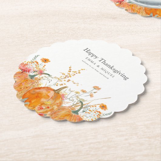 感謝祭のディナーカボチャの野花モダン ペーパーコースター (アングル)