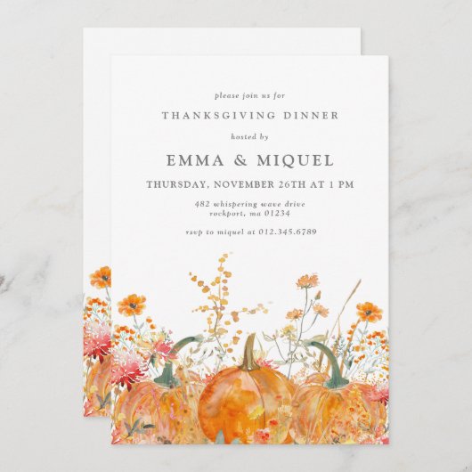 感謝祭のディナーカボチャの野花モダン 招待状 (正面/裏面)