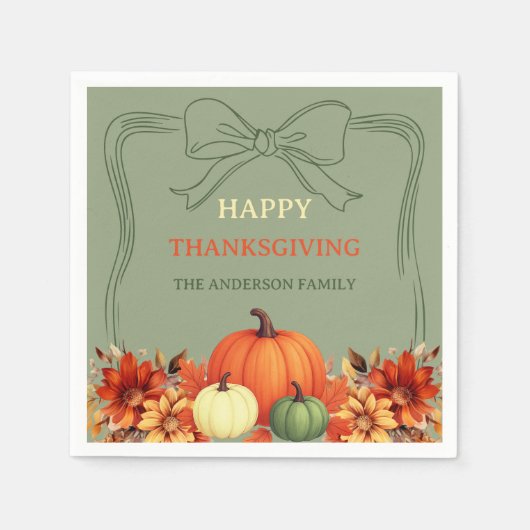 感謝祭のディナーカボチャ弓の柔らかな苔の緑 スタンダードカクテルナプキン (正面)