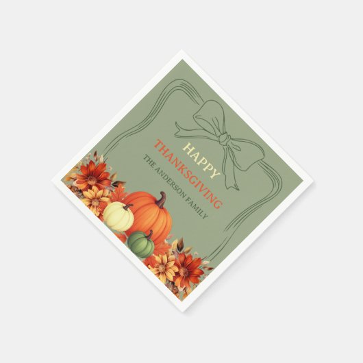 感謝祭のディナーカボチャ弓の柔らかな苔の緑 スタンダードカクテルナプキン (角)