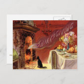 感謝祭のディナーブラックキャット暖炉トルコ シーズンポストカード (正面/裏面)