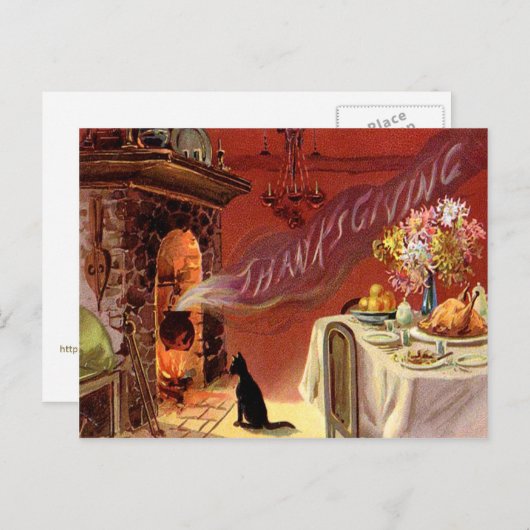 感謝祭のディナーブラックキャット暖炉トルコ シーズンポストカード (正面/裏面)