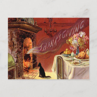 感謝祭のディナーブラックキャット暖炉トルコ シーズンポストカード