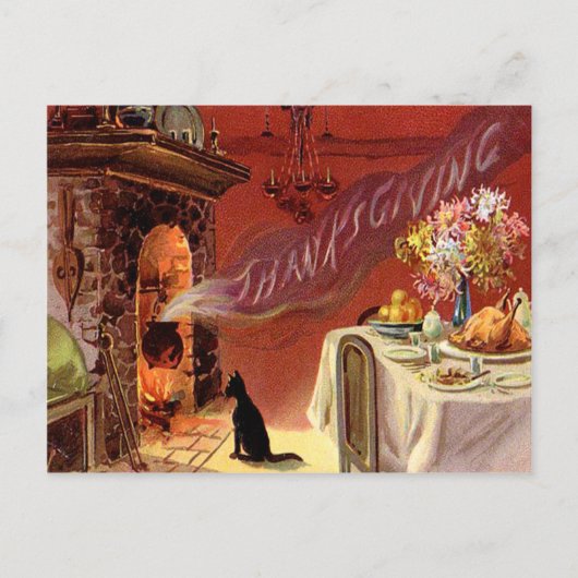感謝祭のディナーブラックキャット暖炉トルコ シーズンポストカード (正面)