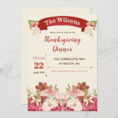 感謝祭のディナー　クランベリー　アイボリー　ゴールド 招待状 (正面/裏面)