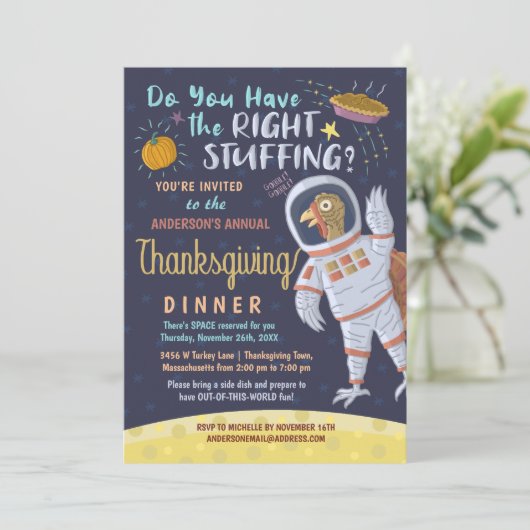 感謝祭のディナー·パーティーおもしろい宇宙飛行士トルコ 招待状 (スタンド正面)