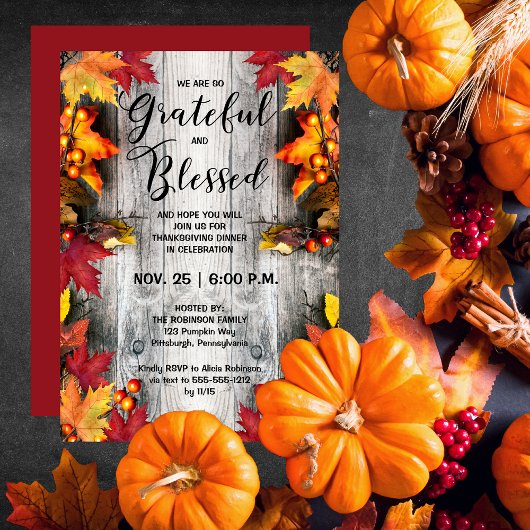 感謝祭のディナー - ラスティック ウッディー 感謝と幸せ 招待状
