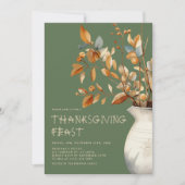 感謝祭のディナー 秋のオリーブグリーン フレンズギビング 招待状 (正面)