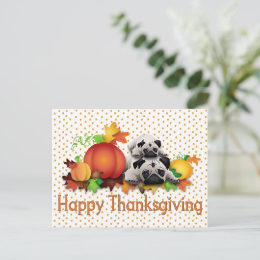 感謝祭のパグとカボチャの贈り物，ティーズ シーズンポストカード (スタンド正面)