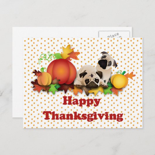 感謝祭のパグとカボチャ シーズンポストカード (正面/裏面)
