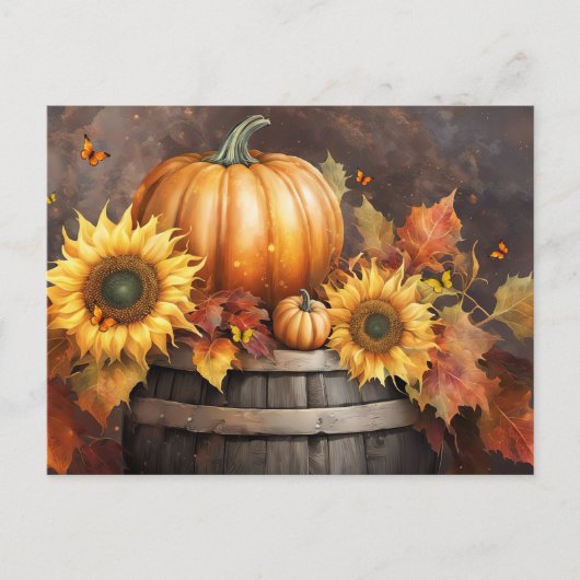 感謝祭のパンプキンと紅葉のホリデー シーズンポストカード (正面)