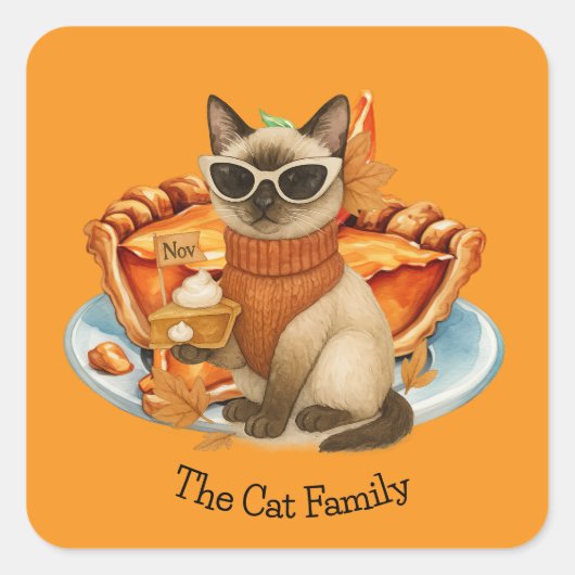 感謝祭のパンプキンパイ猫パーティー スクエアシール (正面)