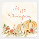 感謝祭のパンプキン フラワーの水彩スクリプト スクエアシール (正面)