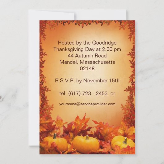 感謝祭のパーティの招待状。 群葉およびカボチャ 招待状 (裏面)