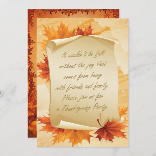 感謝祭のパーティの招待状。 群葉およびカボチャ 招待状 (正面/裏面)
