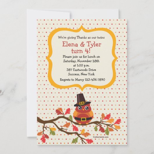 感謝祭のフクロウの写真の誕生日の招待状 招待状 (裏面)