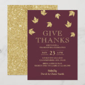 感謝祭のワインレッドとゴールドの葉 招待状 (正面/裏面)