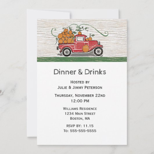 感謝祭のヴィンテージの小型トラックのカボチャ休日 招待状 (裏面)