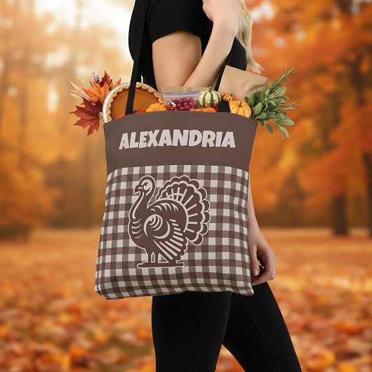 感謝祭の七面鳥の茶色とタンのプレイド名 トートバッグ