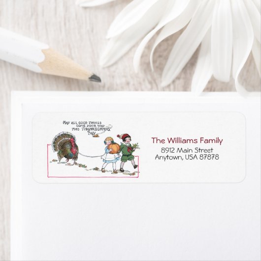 感謝祭の七面鳥を持つかわいいヴィンテージの子どもたち ラベル (インサイチュ)