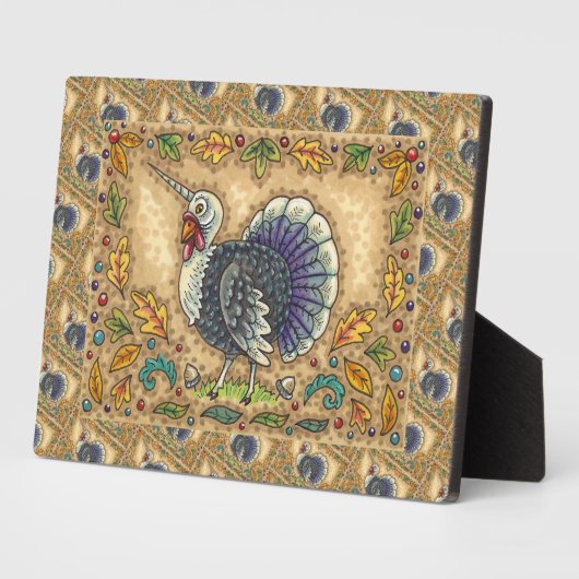 感謝祭の七面鳥ユニコーン，フォークアートファンタジーバード フォトプラーク (側面)