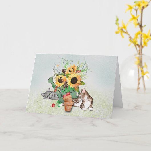 感謝祭の中の猫とひまわり カード (黄色い花)