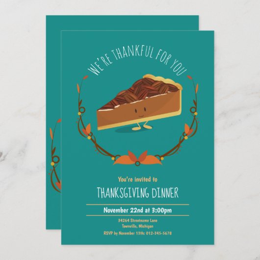 感謝祭の休暇 幸せなペカン・パイの招待 ティール 招待状 (正面/裏面)