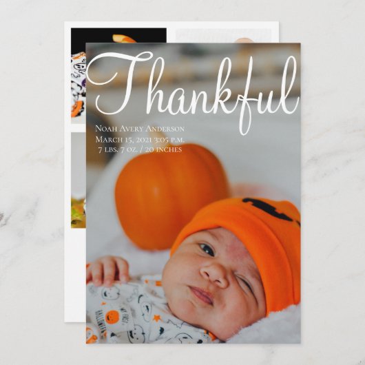 感謝祭の写真コラージュ出産発表 招待状 (正面/裏面)