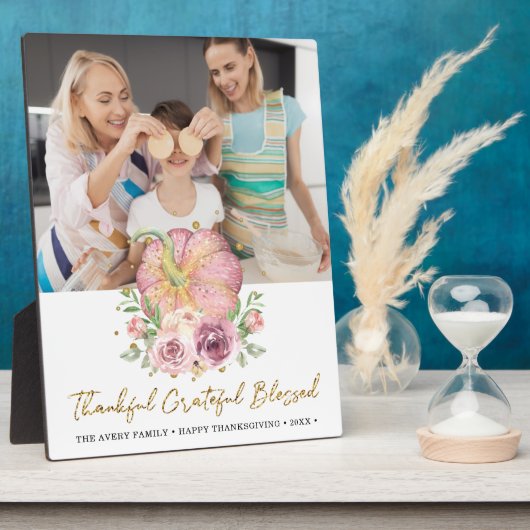 感謝祭の写真パーソナライズされたパンプキンピンク フォトプラーク (側面)