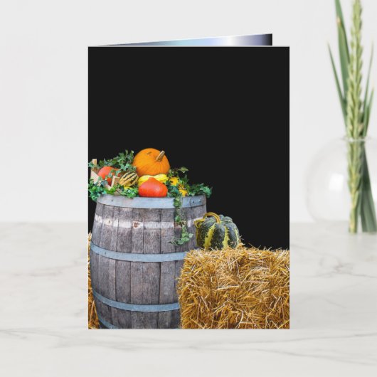 感謝祭の収穫風景と樽と農産物 シーズンカード (正面)