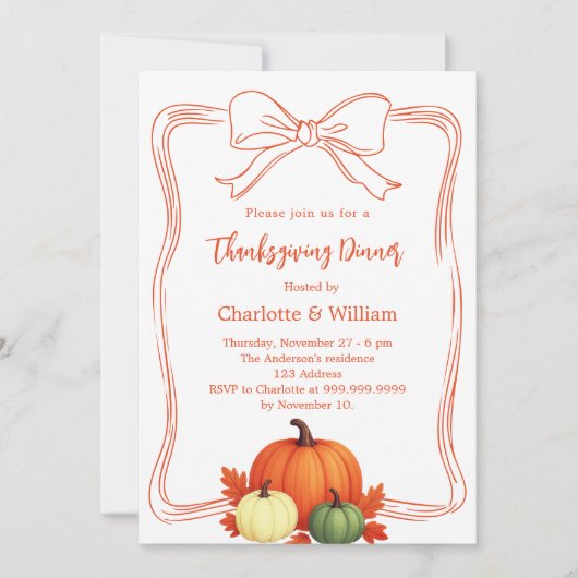 感謝祭の夕食のカボチャ弓の手でオレンジを描いた 招待状 (正面)
