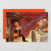 感謝祭の夕食の黒猫の暖炉トルコ シーズンカード (正面/裏面)