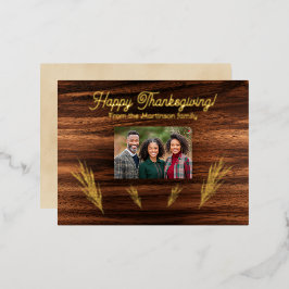 感謝祭の家族の写真小麦オン・ウッド 箔シーズンポストカード