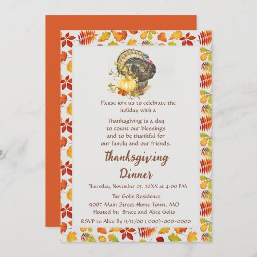 感謝祭の家族の友人ディナー 招待状 (正面/裏面)